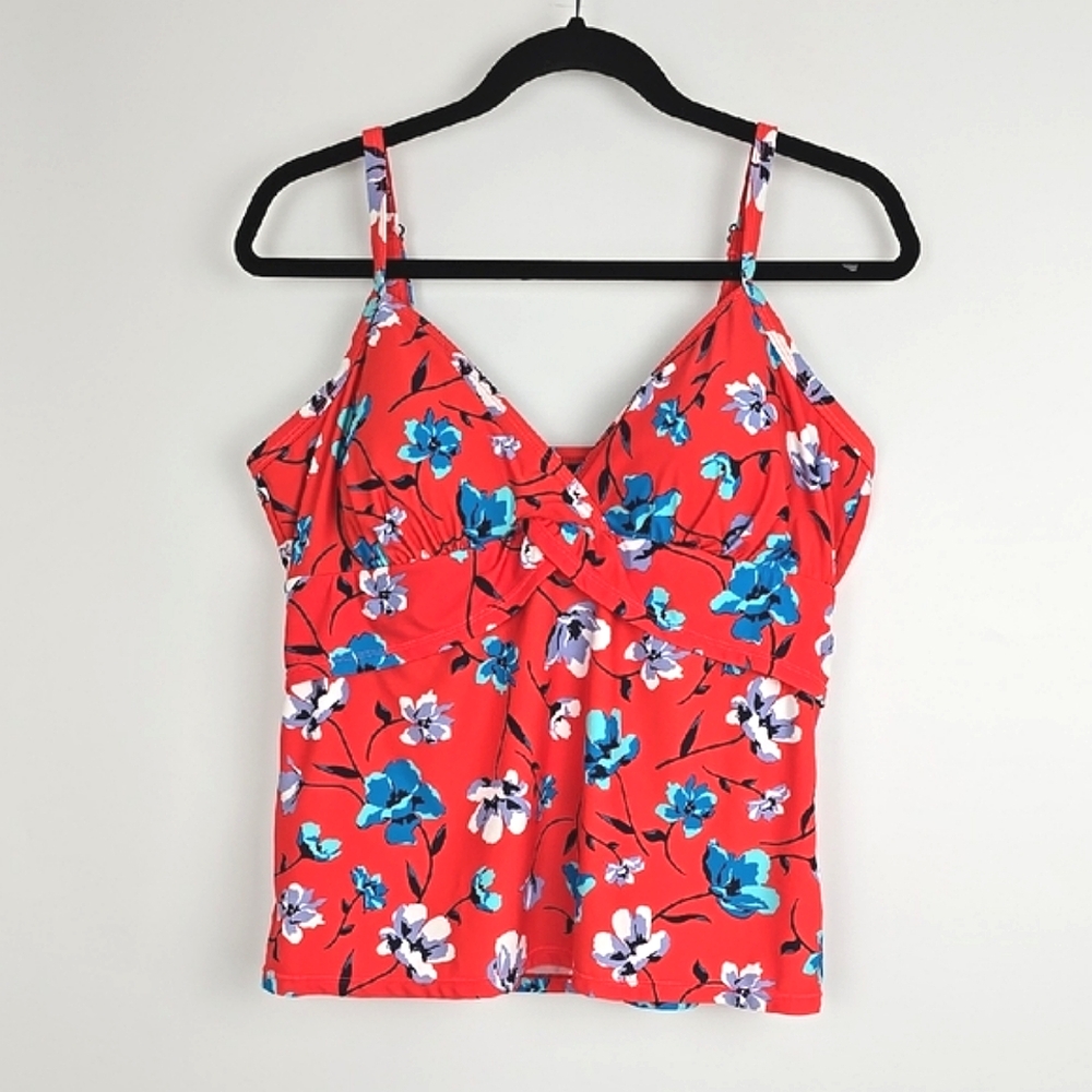 CHRISTINA BLUE Women's Red Tankini Swim Top V Neck Small Blue Floral Size 18